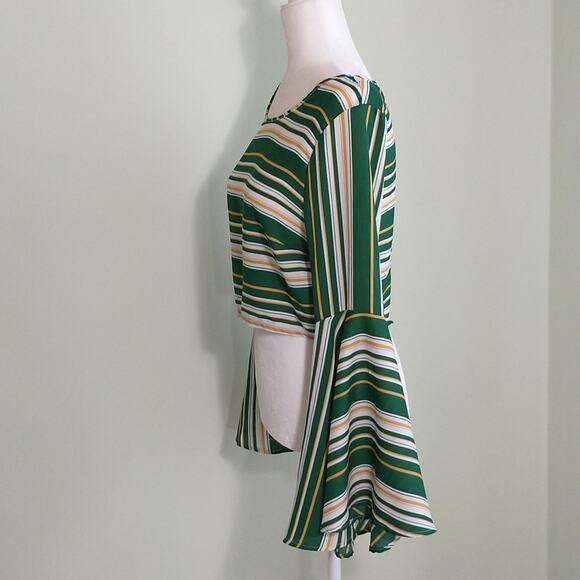 Ups & Downs Crop Top Women's Size M Green Striped Long Bell Sleeve - Picture 10 of 16